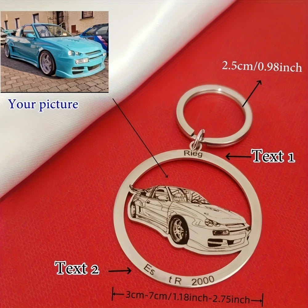 Stainless Steel Round Custom Keychain, Customized with Cartoon Photos of Sports Cars, Motorcycles, and Bicycles, Fashionable Keychain for Racing Enthusiasts and Men