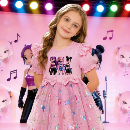 Girls' dress with sweet and cool girl group prints + double bows at the waist, puff sleeves, and a pink princess dress