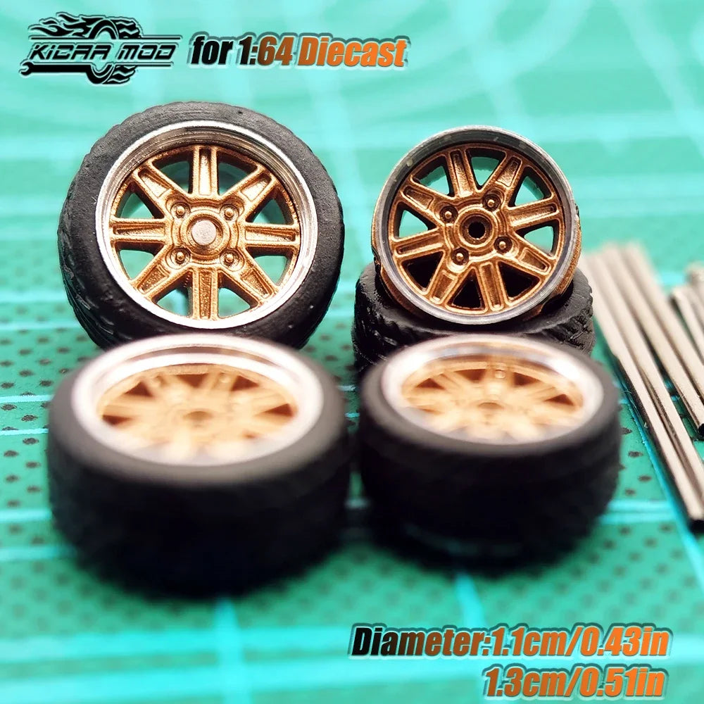 Kicarmod 1/64 Model Car ABS Wheels with Rubber Tire Metal Rims Front Small Rear Large Refitting Parts For Model Car