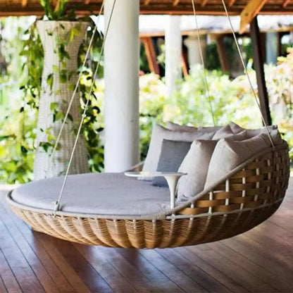 Outdoor Hanging Daybed Round Wicker Rattan Swing Bed Patio Garden Sofa Large Hammock Lounge Chair Waterproof Cushion