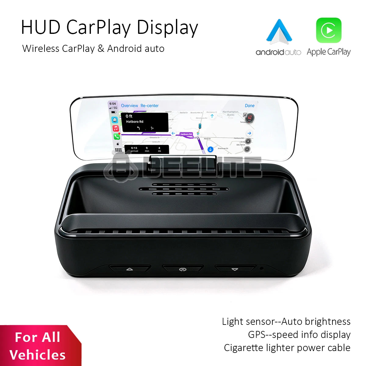 Beelite 2.99" Car HUD Display Wireless CarPlay Android Auto, Bluetooth Audio Output, Light Sensor For Auto Brightness