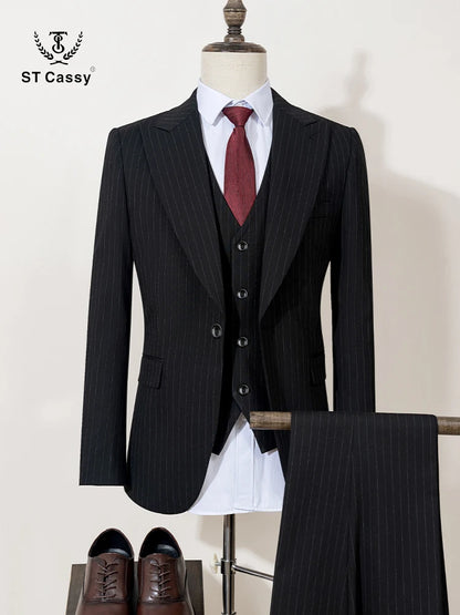 ST Cassy High-Quality Black Striped Suit Slim Fit Luxurious and Elegant Men's Business Suit Wedding Fashion Clothing 3-Piece Set