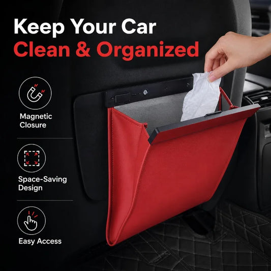 Foldable Car Trash Can with Magnetic Closure, Waterproof PU Leather, Snap-On Seat Back Organizer, Leak-Proof Waste Bin, 5 Colors