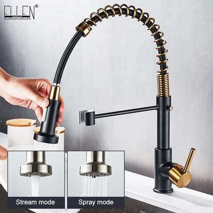 Deck Mounted Flexible Kitchen Faucets Pull Out Mixer Tap Black Hot Cold Kitchen Faucet Spring Style with Spray Mixers Taps E9009