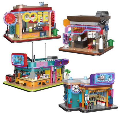 DECOOL Cyberpunk Street View Building Blocks Coffee Shop Sushi Restaurant With Led Strip Bricks Toys For Boys Birthday Gifts