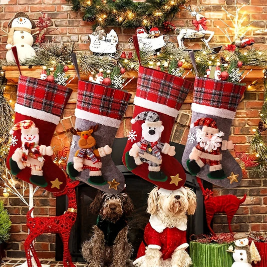 4pcs Christmas Gift Bags, Sock-Shaped Holiday Pouches with Snowflake, Santa Claus, Yeti & Reindeer Decorations for Festive Party
