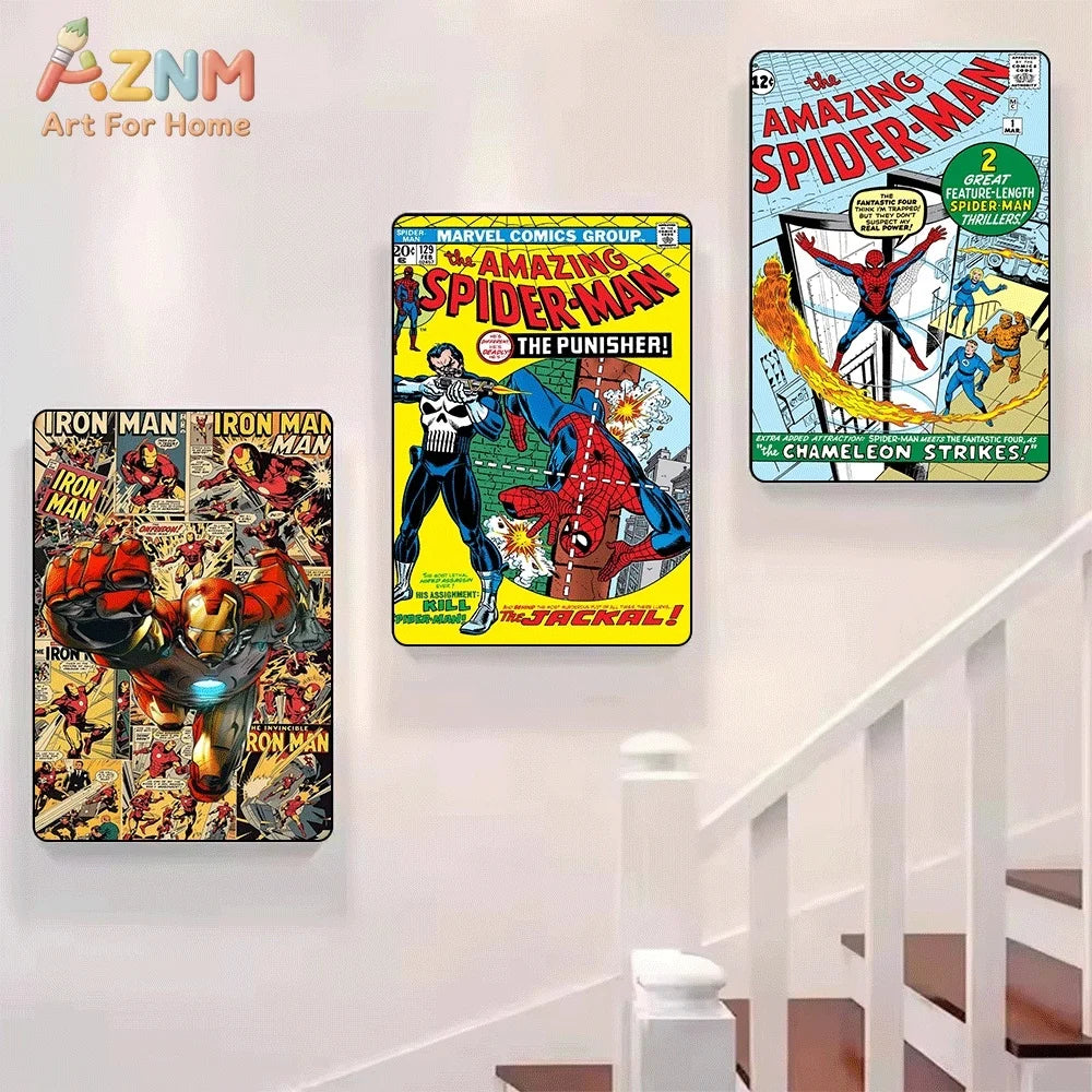 Superhero Iron Man Spider‑Man Vintage Comic Collage Canvas Wall Art Print Poster Unframed Canvas Painting Home Living Room Bed
