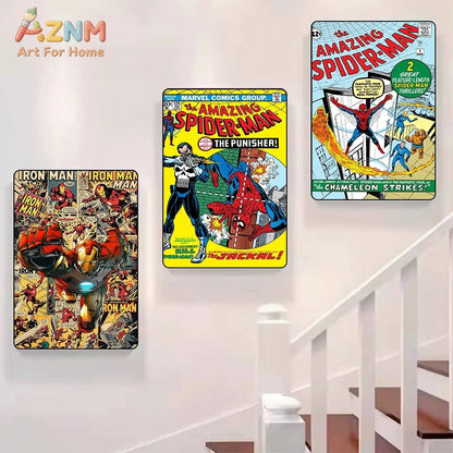 Superhero Iron Man Spider‑Man Vintage Comic Collage Canvas Wall Art Print Poster Unframed Canvas Painting Home Living Room Bed