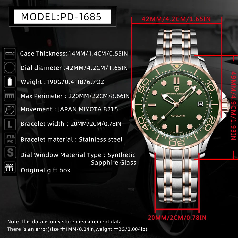 2025 New PAGANI DESIGN Diving Mens Watches Gold Luxury Automatic Watch For Men Mechanical Wristwatches AR Sapphire Ceramic Bezel
