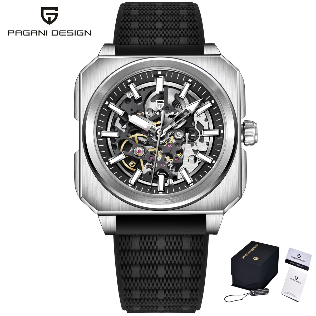 PAGANI DESIGN Sports Square Men's Mechanical Automatic Watch, Waterproof Skeleton Retro Leather Outdoor Sports Luminous Gift Men