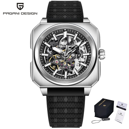 PAGANI DESIGN Sports Square Men's Mechanical Automatic Watch, Waterproof Skeleton Retro Leather Outdoor Sports Luminous Gift Men