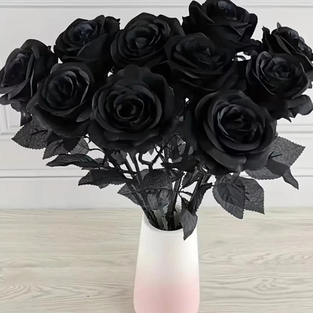 Artificial Black Roses Fake Flowers Long Stem With leaves for Halloween Home Decor Wedding Party Tabletop Bouquet DIY Creative