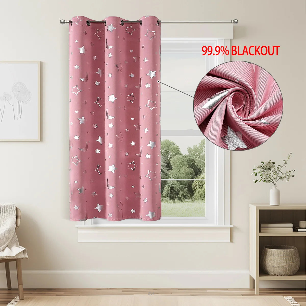 1pc Silver Pressed Star Moon Pattern Blackout Curtain, Window Curtains for Living Room, Bedroom, Kitchen, Home Decor