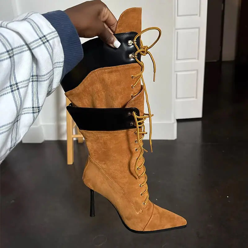 Onlymaker Women Pointed Toe Double Stiletto Heel Lace Up Mid-Calf Boots Faux Suede Nightclub Party  Daily Heel Stylish  Boots