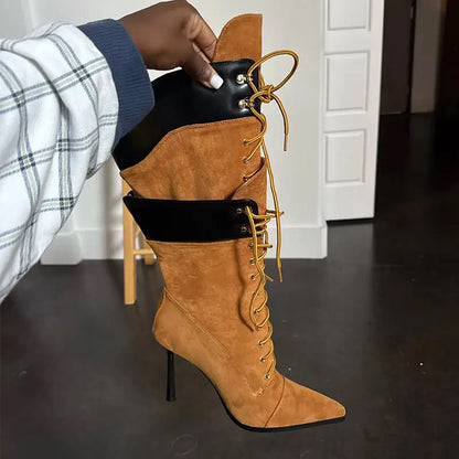 Onlymaker Women Pointed Toe Double Stiletto Heel Lace Up Mid-Calf Boots Faux Suede Nightclub Party  Daily Heel Stylish  Boots