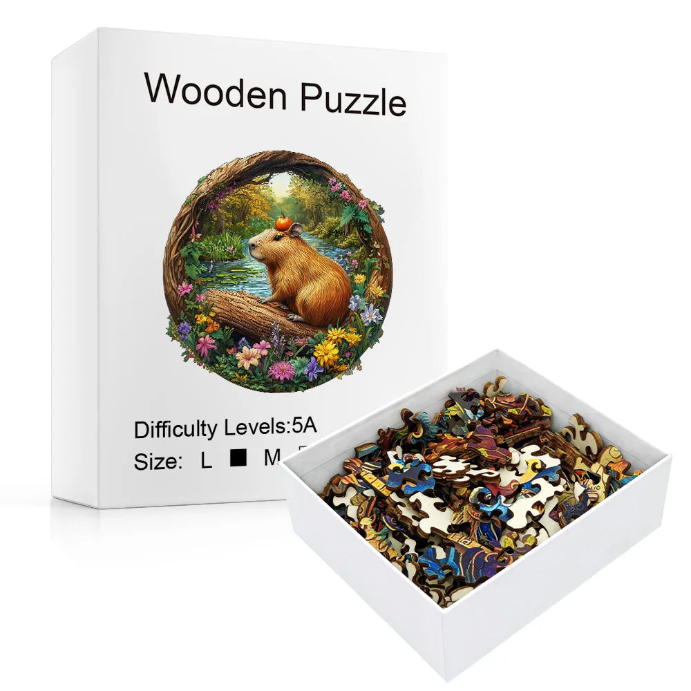 Wooden Jigsaw Puzzle - Capybara with Pumpkin Forest Animal Puzzle, Unique Irregular Shaped Pieces, 4-6 Hours Assembly, Eco-Frien