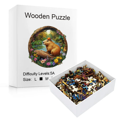 Wooden Jigsaw Puzzle - Capybara with Pumpkin Forest Animal Puzzle, Unique Irregular Shaped Pieces, 4-6 Hours Assembly, Eco-Frien