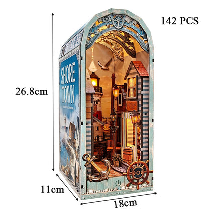 NEW DIY Wooden Shore Town House Book Nook Shelf Insert Kits Miniature Model Kit Bookend for Friends Birthday Gifts