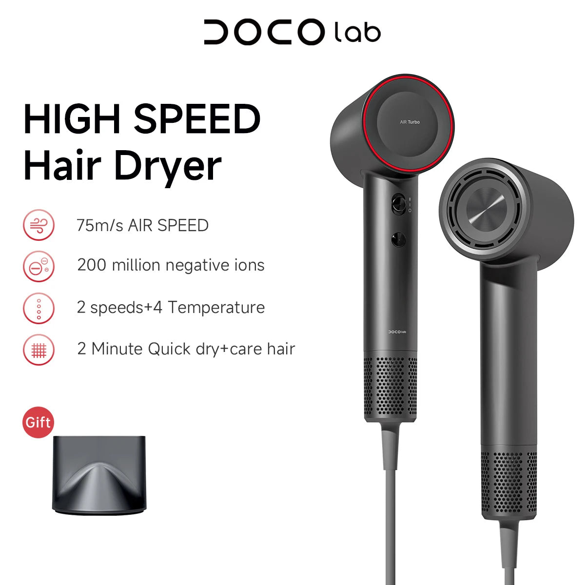 DOCO Hair Dryer 75m/s High Speed 200 Million Negative Ions Hair Care 110000 Rpm Professional Lightweight Home Travel Gift