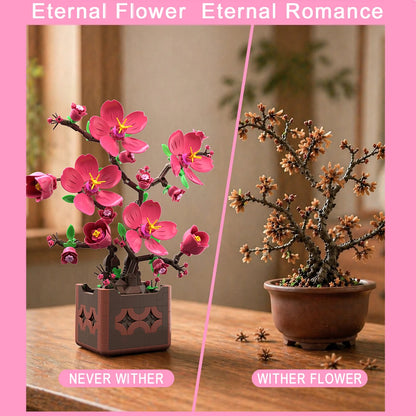 Pink Peach Blossom Potted Plant Building Block Flower Model Puzzle Toys Sets New Year Christmas Birthday Gifts