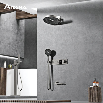 Luxury Bathroom Gunmetal Brass 3-Function LED Digital Display Shower System Wall-Embedded Rainfall Showerhead Bath Fixtures