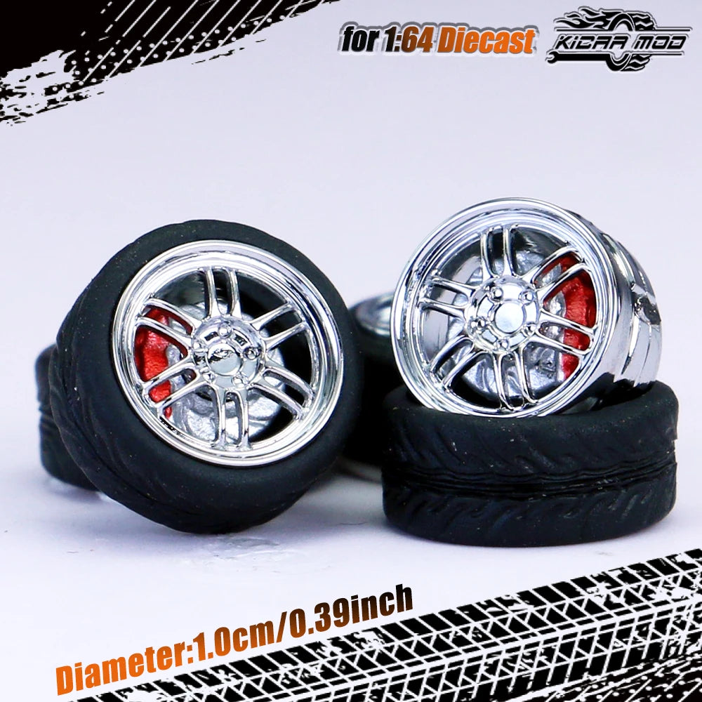 Kicarmod 1/64 Model Car ABS Wheels with Rubber Tire Brake Disc Refitting Parts Diameter 10mm For Model Car Tomica
