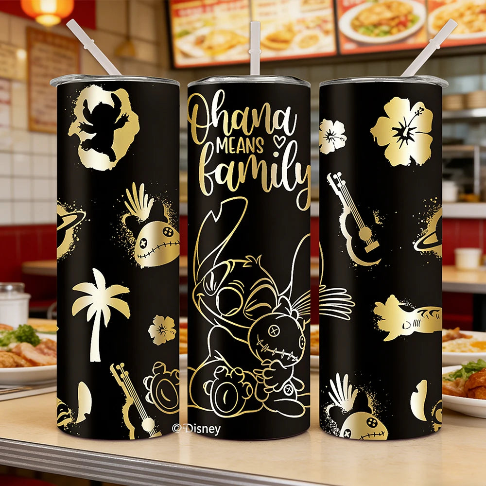 1pc 20oz Disney Black Gold Stitch Stainless Steel Tumbler Thermal Cup with Lid & Straw for Travel Office & Outdoor & Gift