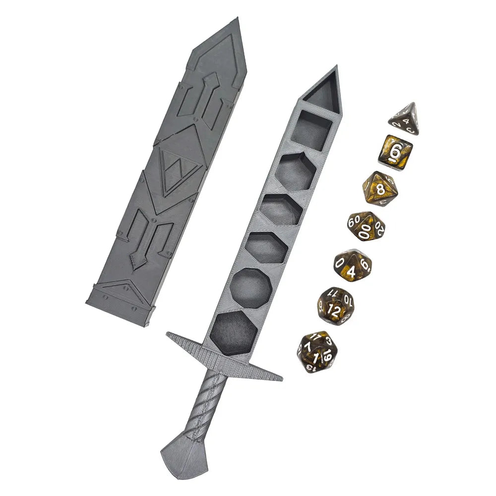 Creative Silvery Sword-shaped Storage Box with 7Pcs DND Dices Set Portable RPG TRPG Games Dice Role Playing Games Accessories