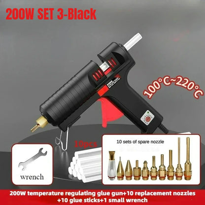 200W Hot Silicone Gun with Nozzle and 11mm Glue Sticks, Adjustable Temperature,Profeesional Glue Gun Black,DIY Craft 220V