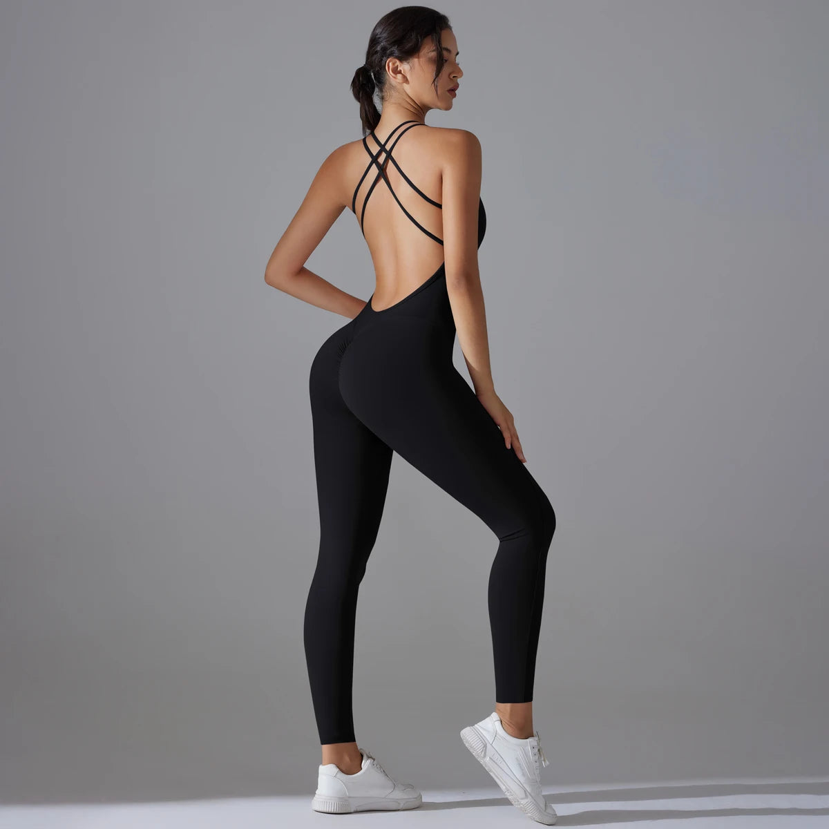Sexy Backless Bodycon Scrunch Jumpsuit Raises Butt Women Dance Fitness Overalls Push Up Sleeveless Yoga Sport Jump Suit