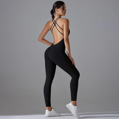 Sexy Backless Bodycon Scrunch Jumpsuit Raises Butt Women Dance Fitness Overalls Push Up Sleeveless Yoga Sport Jump Suit