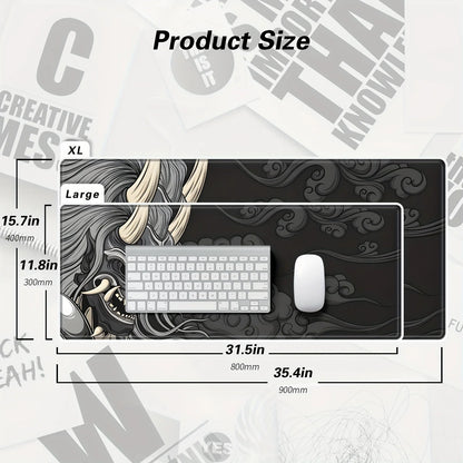 Large Gaming Mouse Pad - Artisan Desk Mat with Yokai Design, Washable Non-Slip Rubber Base, Black & Gray Japanese Monster Art