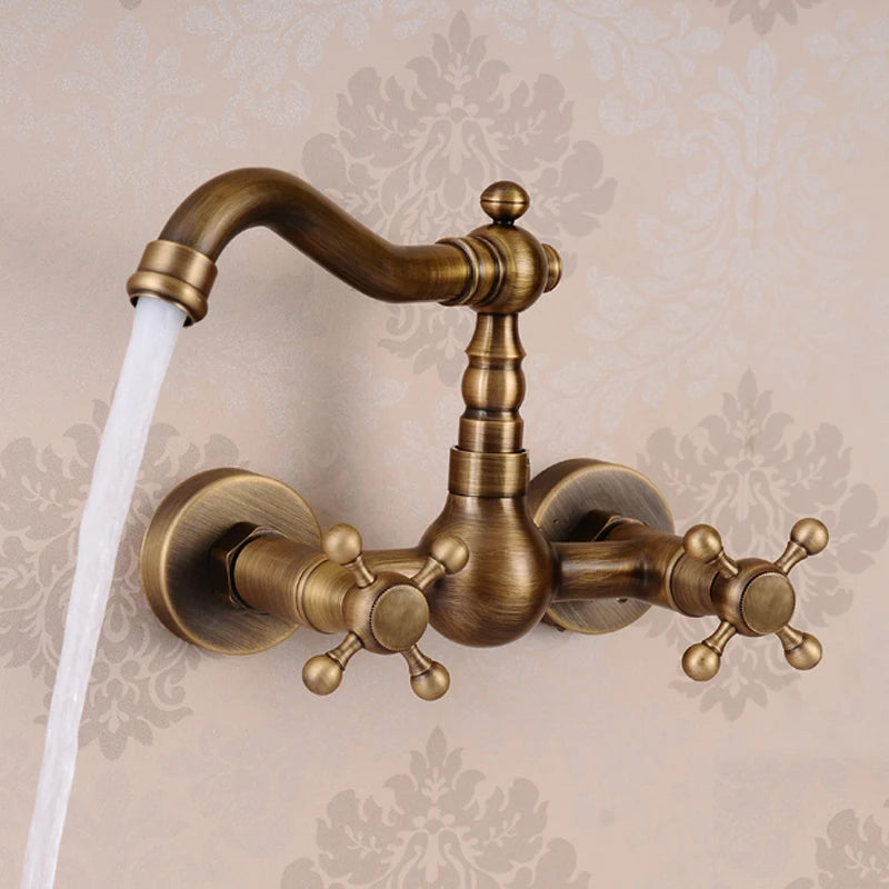 Wall Mounted Two Handles Antique Brass Finish Kitchen Sink Bathroom Basin Faucet Mixer Tap GZ8118