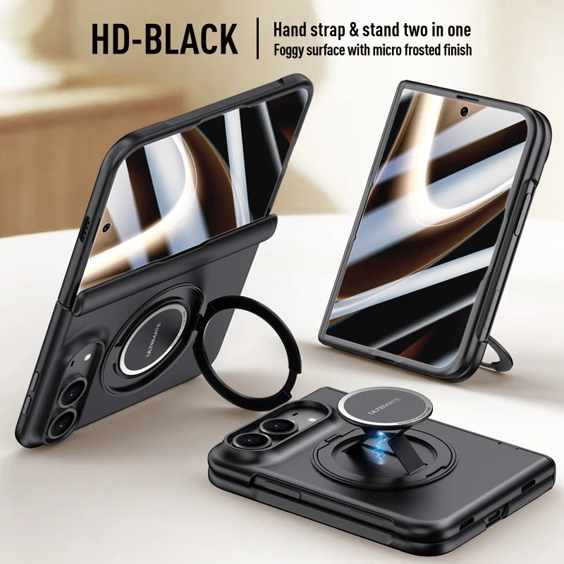For Magsafe Magnetic Metal 360 Rotating Holder With Tempered Glass Film Protect Phone Case For iPhone Duo Spring Hinge Cover