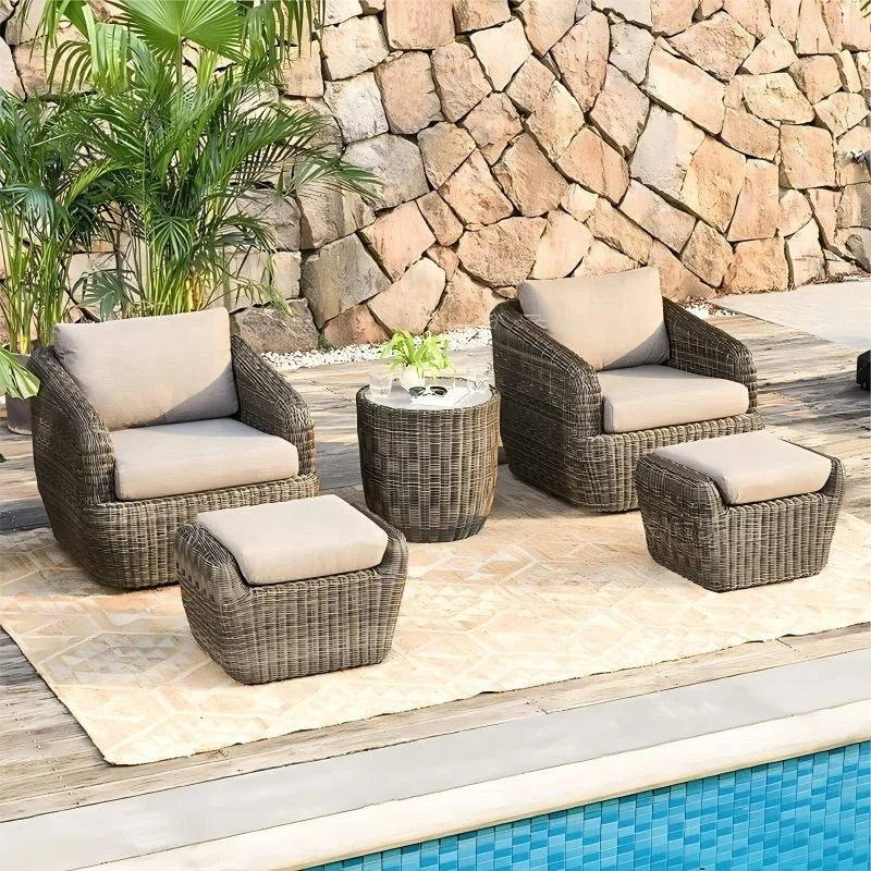 #Outdoor Wicker Furniture Set Dark Gray PE Rattan Cushions Hanging Egg Chair Round Side Table Weather Resistant Poolside Patio