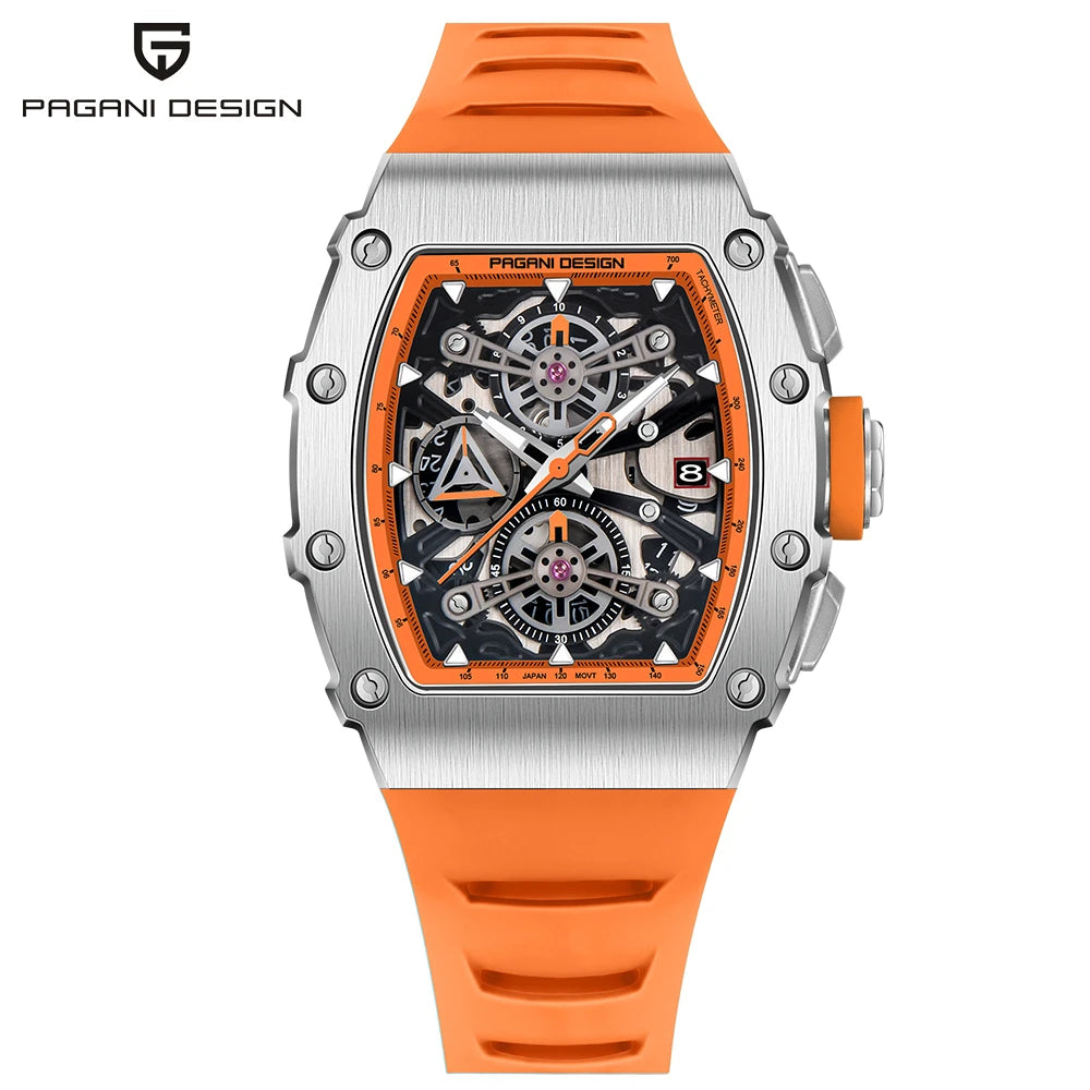 PAGANI DESIGN Wine Barrel Hollow out Men's Time Watch Top Sapphire Stainless Steel Men's Multi Functional Sports Watch