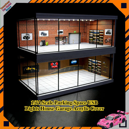 1/64 Scale Parking Space USB Lights House Garage Acrylic Cover Alloy Car Model Parking Plastic DIY Assembly Kit Collection Toys