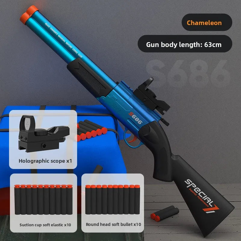 S686 Pump Action Blaster Double Barrel Soft Dart Blaster Manual Foam Bullet Plastic Toy Gun with Holographic Sight Cos Prop
