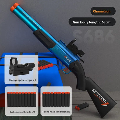 S686 Pump Action Blaster Double Barrel Soft Dart Blaster Manual Foam Bullet Plastic Toy Gun with Holographic Sight Cos Prop
