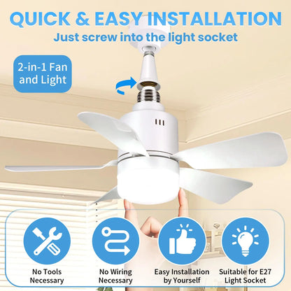 E26/E27 Socket LED Fan Light with Remote & APP 52.5cm 4 Speed Socket Ceiling Fans with Lighting Light Bulb Fan for Bedroom Home