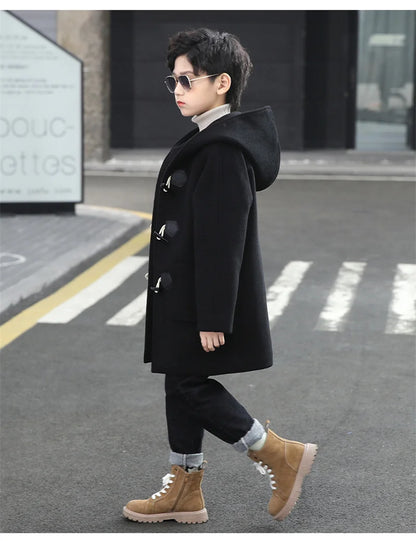 2023 New Boy Wool Coat Winter Fashion Hooded Jacket Solid Single-Breasted Plus Cotton Warm Outerwear Children High Quality Parka