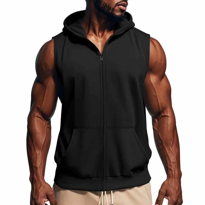 Summer New Hooded Vest Men's Sports Fitness Training Zipper Cardigan Sleeveless Vest Sleeveless Downjacket Blouson Homme Hiver