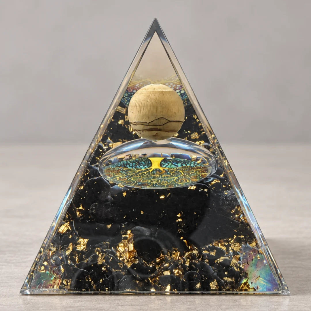 Orgone Pyramid with Picture Jasper Sphere Tree of Life Obsidian Gravel Orgonite Energy Generator Meditation Home Ornament