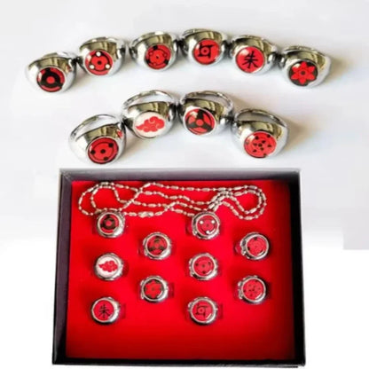 10pcs Naruto Akatsuki Sasuke Metal Rings Set Metal Necklaces Pendants Cosplay Action Figure Accessories Gift Kids Toys