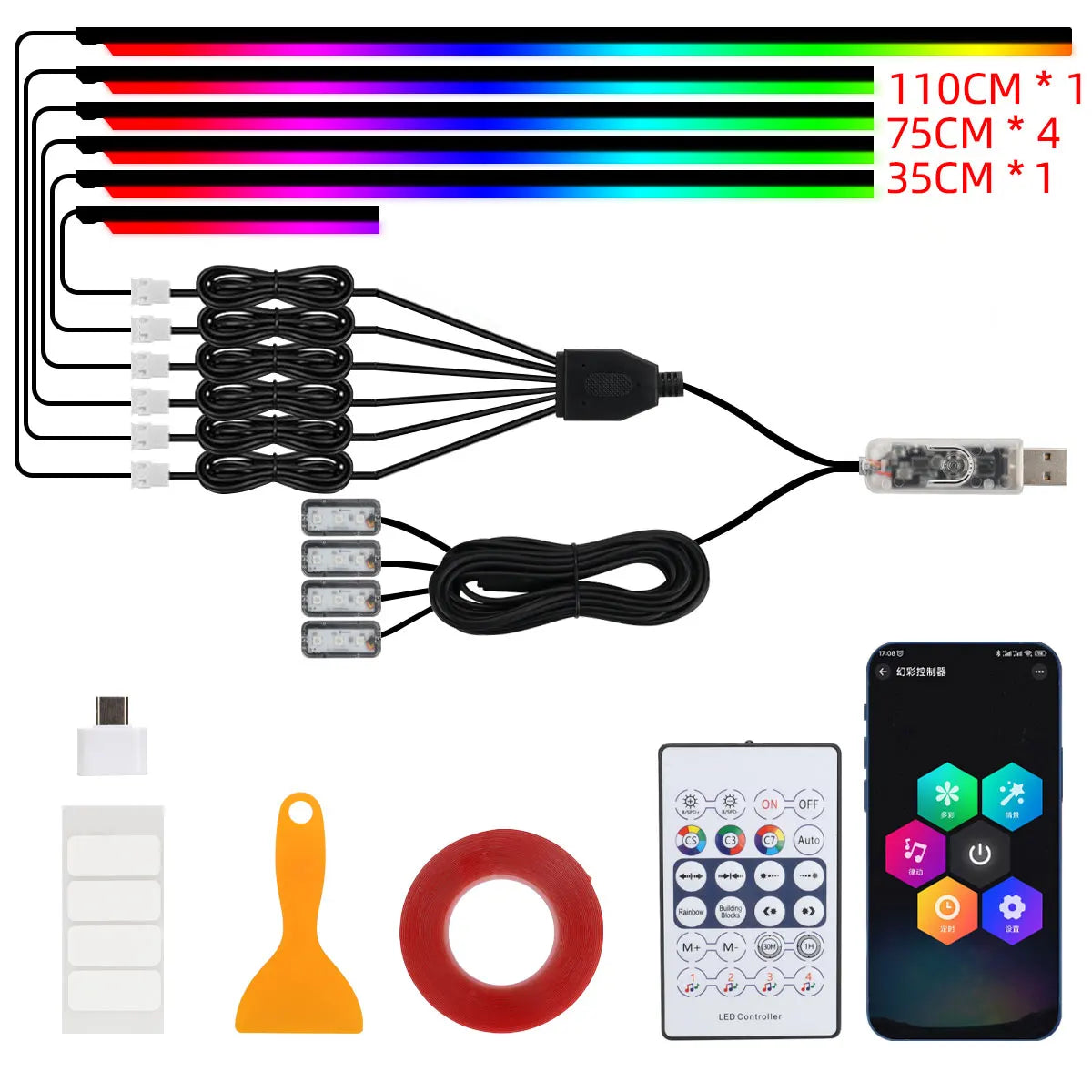 10 in 1 Car Interior Acrylic LED Ambient Lights 140cm 110cm For Tesla USB APP Remote Control RGB Symphony Atmosphere Lamp