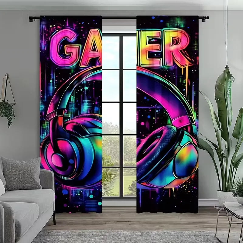 2PC Neon Gamer Headset Graffiti Sheer Curtains - Gaming Themed Print Window Drapes for Man Cave Bedroom Decor
