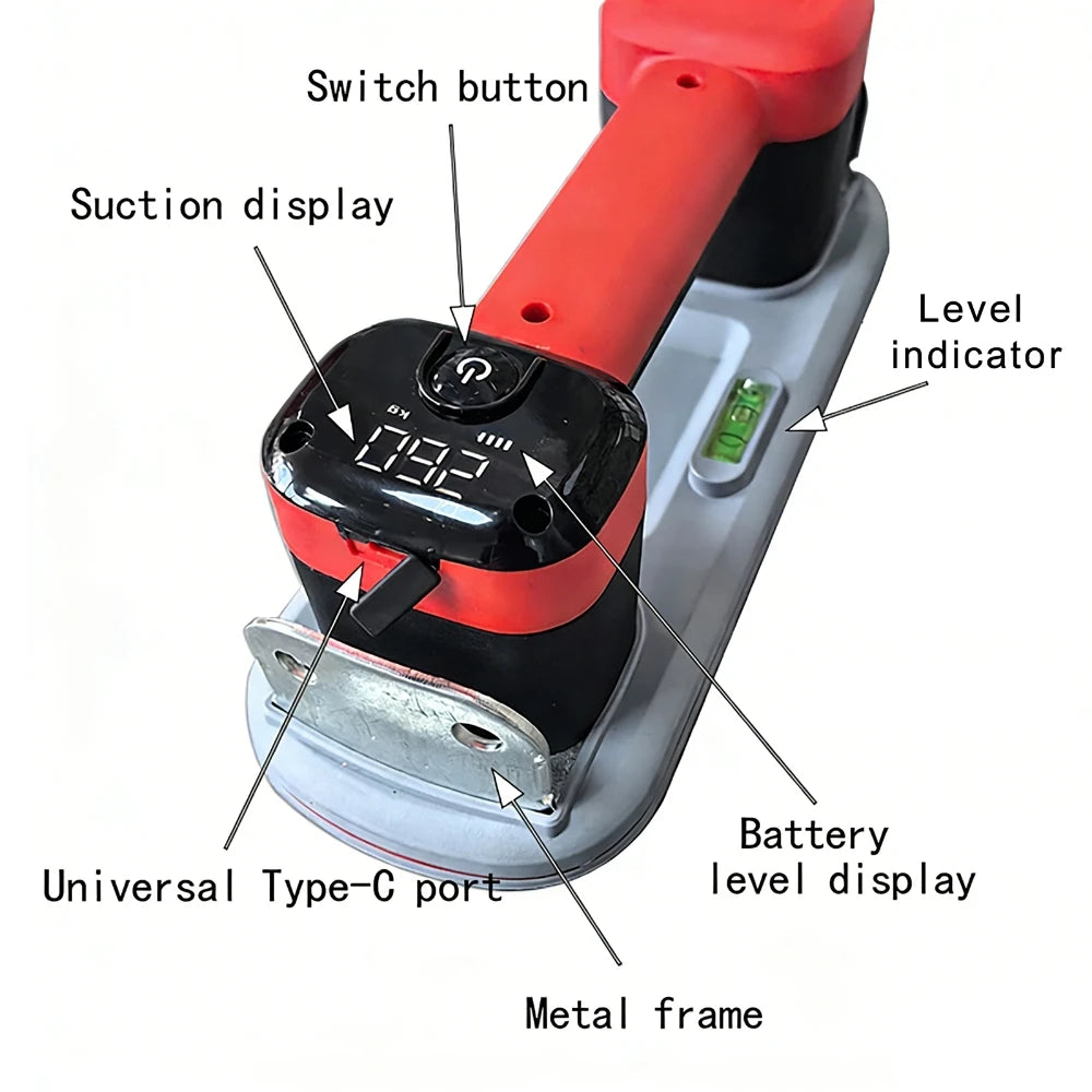 Electric Battery Suction Cup Cordless Vacuum Lifter for Tiles Glass Marble Floor Gap Repair Tool with LCD Display & Spirit Level