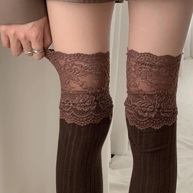 Women's Lace Trim Over the Knee Socks Lolita Ruffle Top Thigh High Stockings Japanese Style Knit Long Socks Casual Slouch Socks