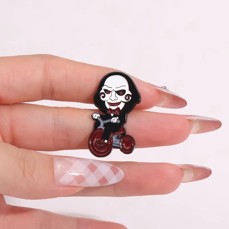 Horror Movie Jigsaw Billy Mechanical Puppet Enamel Pin Clown On Bicycle Halloween Brooch Lapel Badge Jewelry Gift For Friends