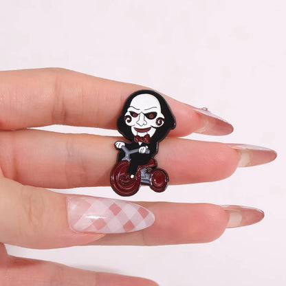 Horror Movie Jigsaw Billy Mechanical Puppet Enamel Pin Clown On Bicycle Halloween Brooch Lapel Badge Jewelry Gift For Friends